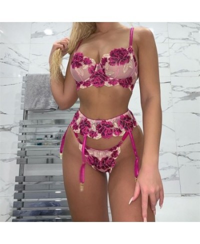 Lace Floral Lingerie Sets Sexy Fancy Underwear Embroidery Brief Sets Big Size Underwire Bra And Thong with Garters $36.08 - U...