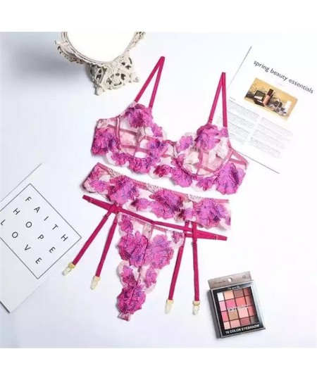 Lace Floral Lingerie Sets Sexy Fancy Underwear Embroidery Brief Sets Big Size Underwire Bra And Thong with Garters $36.08 - U...