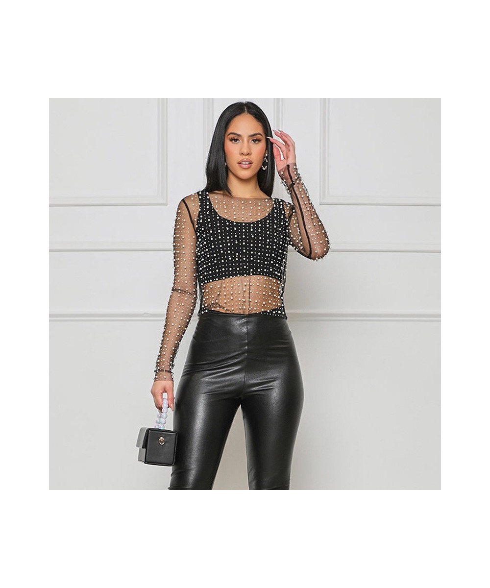 Pearl Rhinestones Mesh Women Top O-Neck 2023 Spring Summer Long Sleeve Sexy See Through T-shirt Female Chic Club Party Tops $...