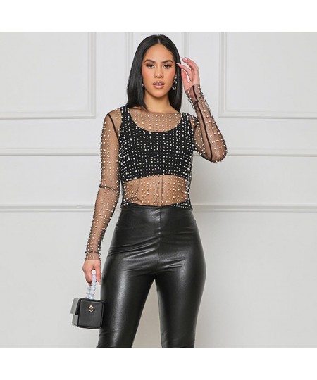 Pearl Rhinestones Mesh Women Top O-Neck 2023 Spring Summer Long Sleeve Sexy See Through T-shirt Female Chic Club Party Tops $...