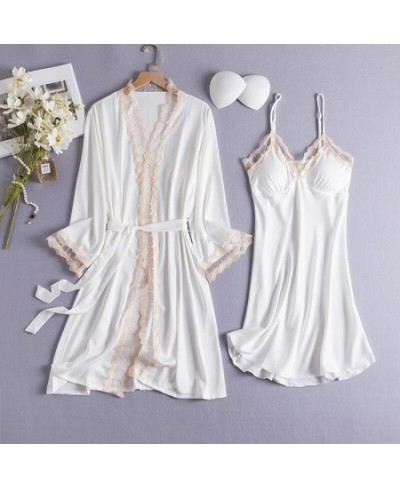 2PCS Women Bride Robe Gown Sets Sexy Lace Floral Kimono Bathrobe Summer Lingerie Sleepshirts M-XL Casual Nightwear Home Cloth...