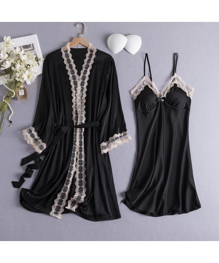 2PCS Women Bride Robe Gown Sets Sexy Lace Floral Kimono Bathrobe Summer Lingerie Sleepshirts M-XL Casual Nightwear Home Cloth...