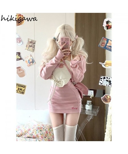 Fashion Outfits Korean Sexy 3 Piece Set Women Pink Long Sleeve Crop Coat Lace Up Vest Bodycon Mini Skirt Suit Summer Y2k Sets...