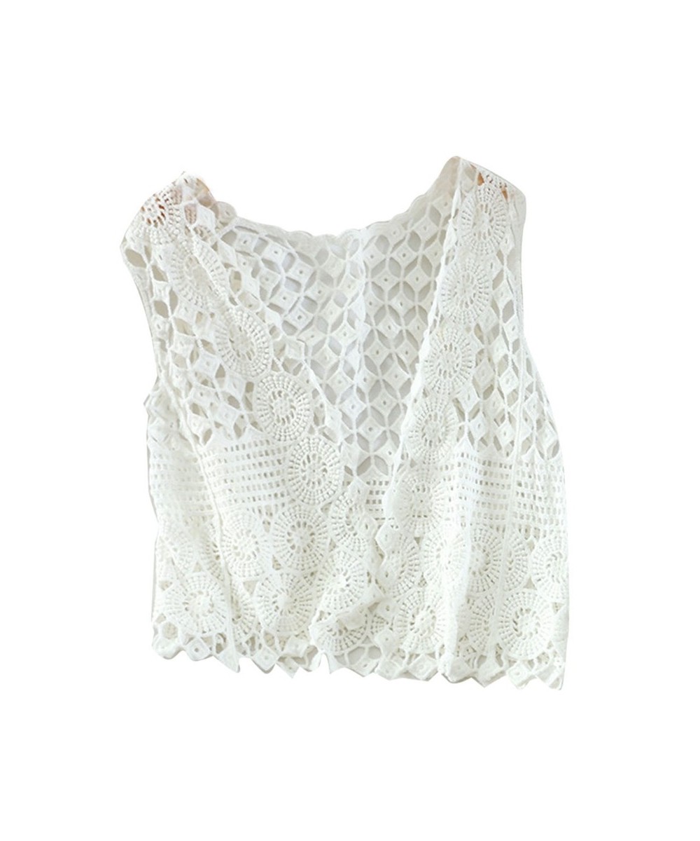 Women Hollow Out Crochet Crop Top Vest Open Front Floral Lace Sleeveless Jacket $24.72 - Tops & Tees