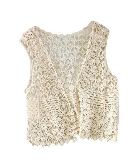 Women Hollow Out Crochet Crop Top Vest Open Front Floral Lace Sleeveless Jacket $24.72 - Tops & Tees