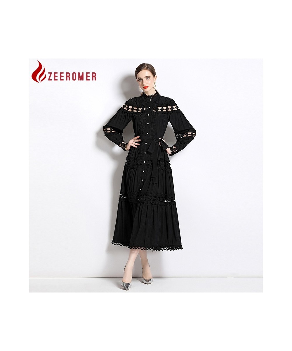 2023 Spring Runway Vintage Patchwork Hollow Out Maxi Dress Women Stand Collar Lantern Sleeve Single Breasted Lace Up Midi Dre...