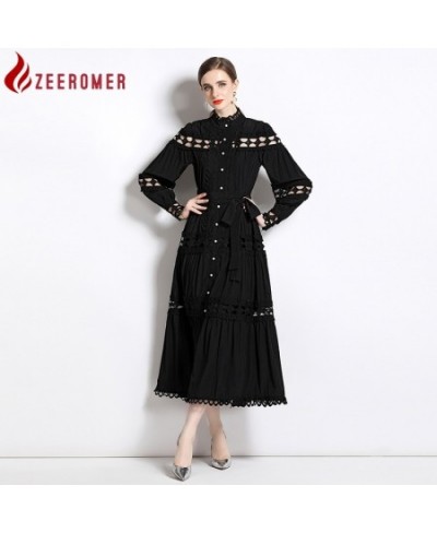 2023 Spring Runway Vintage Patchwork Hollow Out Maxi Dress Women Stand Collar Lantern Sleeve Single Breasted Lace Up Midi Dre...