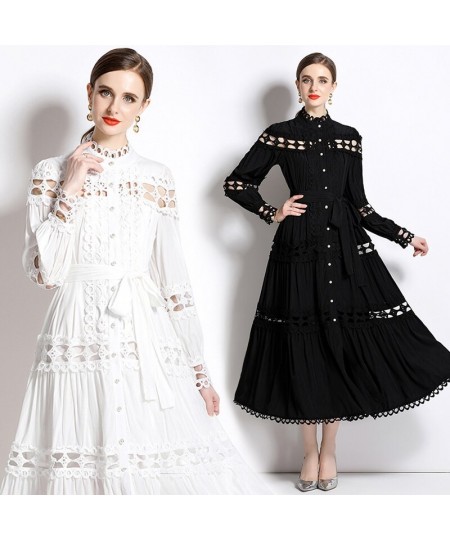 2023 Spring Runway Vintage Patchwork Hollow Out Maxi Dress Women Stand Collar Lantern Sleeve Single Breasted Lace Up Midi Dre...