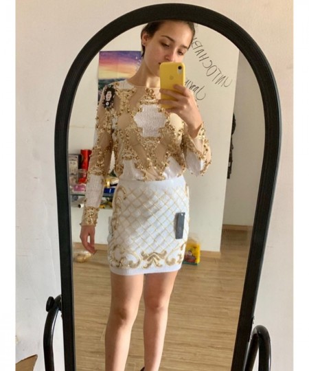 2 Pcs Set Women Sparkling Sequin Gold Crop Tops Flower Shirt Shiny Transparent Gauze With Mini Short Skirt Night Club Party 2...