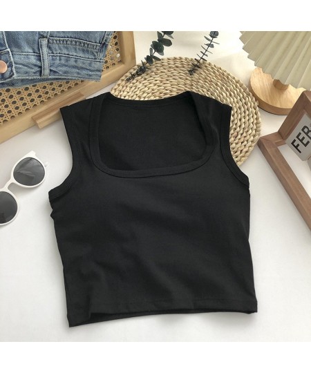 New Women Sexy Low-Collar Sleeveless Square Neck Camisole Tank Tops Solid Tank Top Female Summer with Pad Slim BottomingTops ...