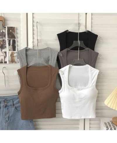 New Women Sexy Low-Collar Sleeveless Square Neck Camisole Tank Tops Solid Tank Top Female Summer with Pad Slim BottomingTops ...