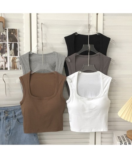 New Women Sexy Low-Collar Sleeveless Square Neck Camisole Tank Tops Solid Tank Top Female Summer with Pad Slim BottomingTops ...