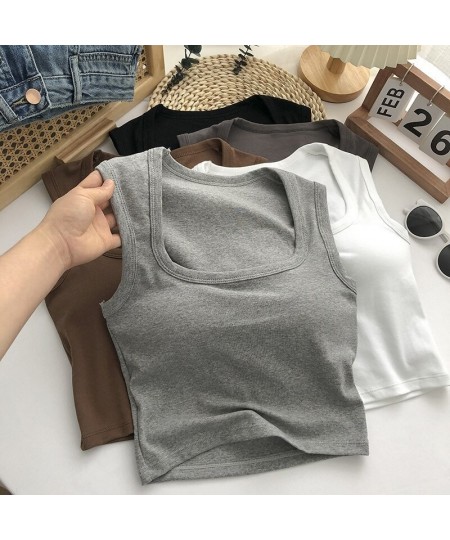 New Women Sexy Low-Collar Sleeveless Square Neck Camisole Tank Tops Solid Tank Top Female Summer with Pad Slim BottomingTops ...