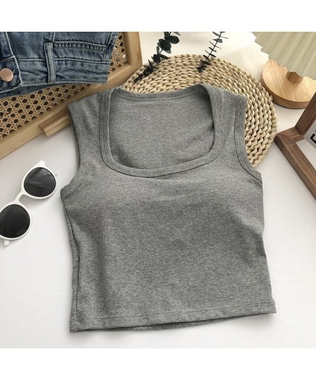 New Women Sexy Low-Collar Sleeveless Square Neck Camisole Tank Tops Solid Tank Top Female Summer with Pad Slim BottomingTops ...