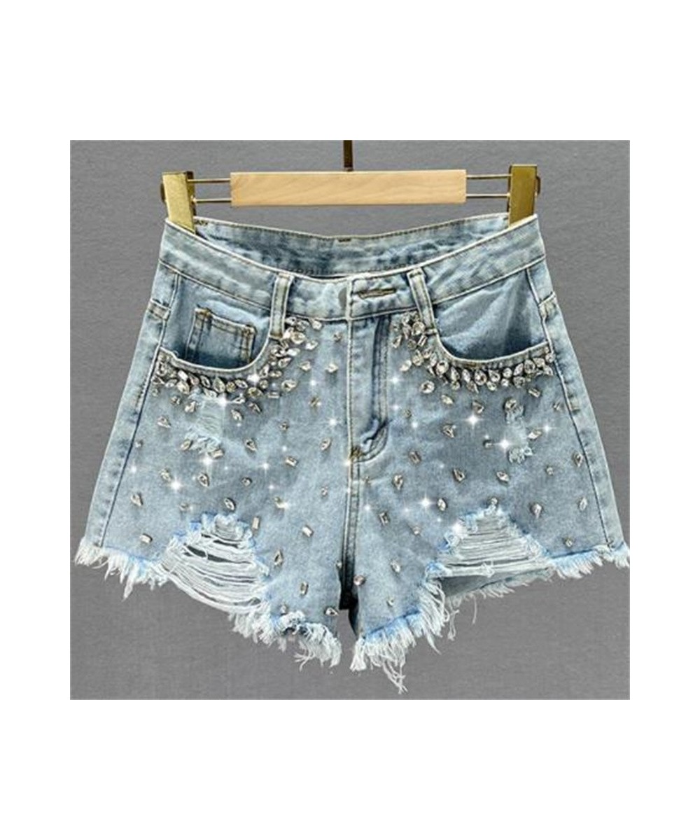 Ripped denim shorts women's 2022 new summer high-waisted diamond wide-leg short pants $57.10 - Bottoms