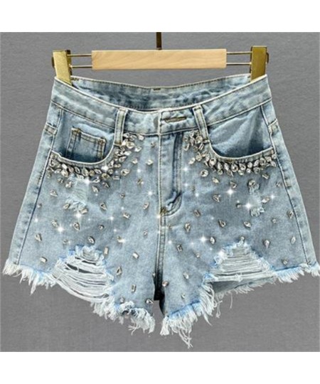 Ripped denim shorts women's 2022 new summer high-waisted diamond wide-leg short pants $57.10 - Bottoms