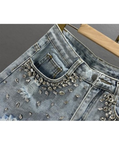 Ripped denim shorts women's 2022 new summer high-waisted diamond wide-leg short pants $57.10 - Bottoms