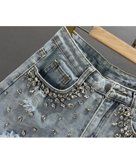 Ripped denim shorts women's 2022 new summer high-waisted diamond wide-leg short pants $57.10 - Bottoms