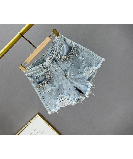 Ripped denim shorts women's 2022 new summer high-waisted diamond wide-leg short pants $57.10 - Bottoms