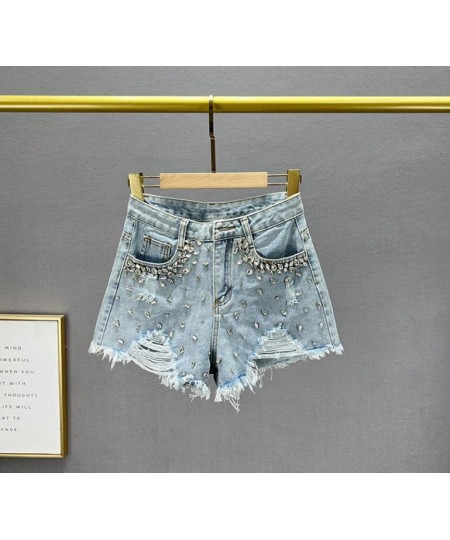 Ripped denim shorts women's 2022 new summer high-waisted diamond wide-leg short pants $57.10 - Bottoms