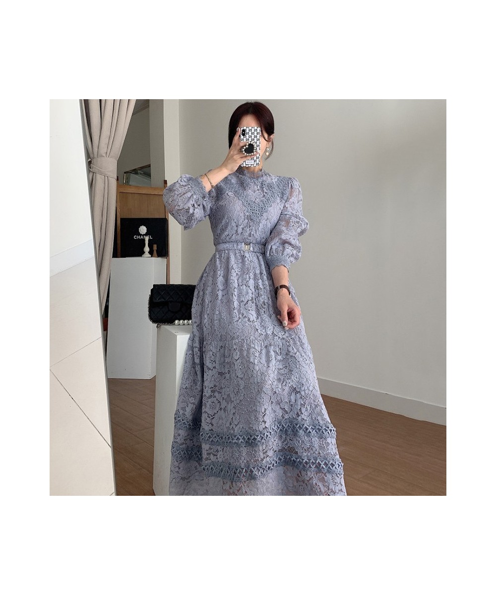 Retro Court Style Round Neck Lace Dress Hook Flower Design Loose Puffed Sleeves MIDI Skirt Elegant Swing Dress With Belt G006...