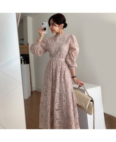 Retro Court Style Round Neck Lace Dress Hook Flower Design Loose Puffed Sleeves MIDI Skirt Elegant Swing Dress With Belt G006...