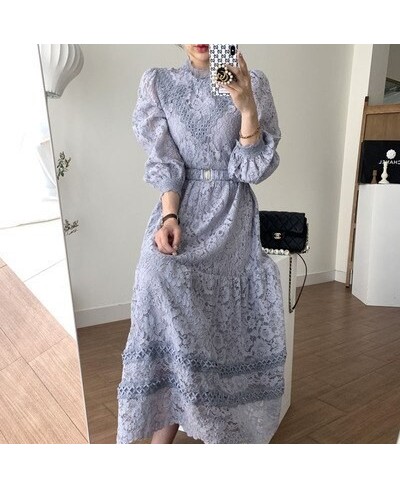 Retro Court Style Round Neck Lace Dress Hook Flower Design Loose Puffed Sleeves MIDI Skirt Elegant Swing Dress With Belt G006...