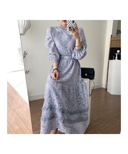 Retro Court Style Round Neck Lace Dress Hook Flower Design Loose Puffed Sleeves MIDI Skirt Elegant Swing Dress With Belt G006...