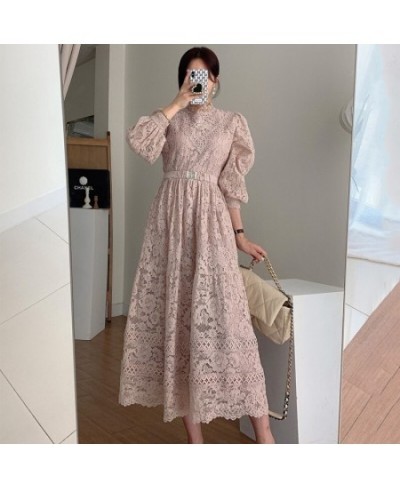 Retro Court Style Round Neck Lace Dress Hook Flower Design Loose Puffed Sleeves MIDI Skirt Elegant Swing Dress With Belt G006...