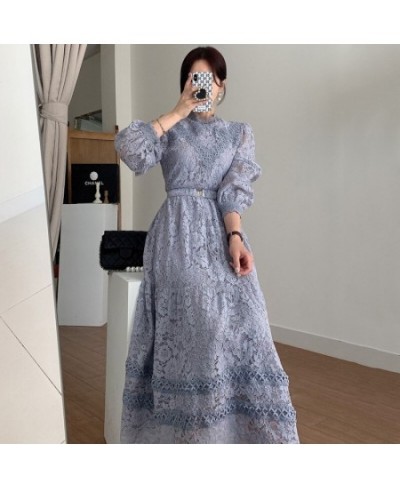 Retro Court Style Round Neck Lace Dress Hook Flower Design Loose Puffed Sleeves MIDI Skirt Elegant Swing Dress With Belt G006...