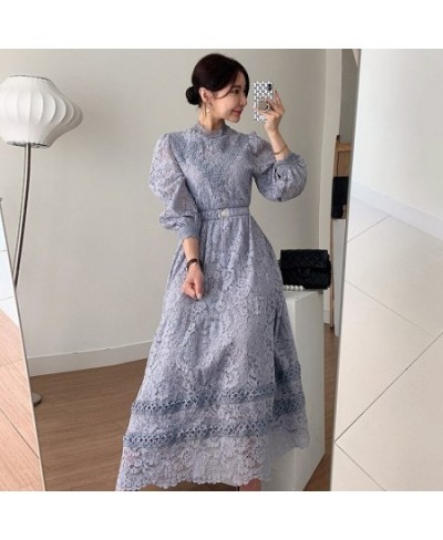 Retro Court Style Round Neck Lace Dress Hook Flower Design Loose Puffed Sleeves MIDI Skirt Elegant Swing Dress With Belt G006...