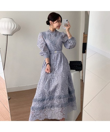 Retro Court Style Round Neck Lace Dress Hook Flower Design Loose Puffed Sleeves MIDI Skirt Elegant Swing Dress With Belt G006...