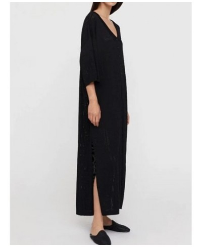 Women Hollow Out Slit Knitwear Dress Three Quarter Sleeve Turn-Down Collar Front Buttons Spring Summer Female Straight Midi $...