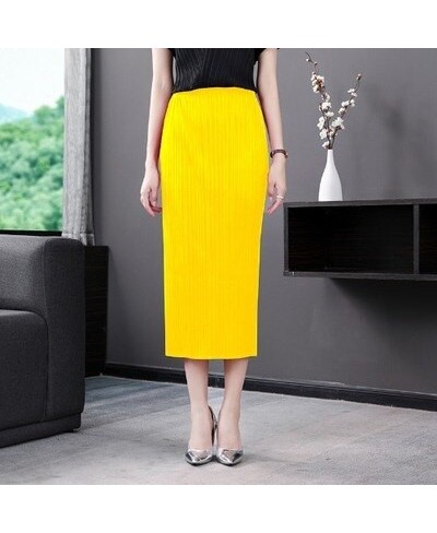 Miyake fashion fold pure color skirt design Back split waist skirt IN STOCK $103.88 - Skirts