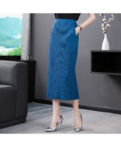 Miyake fashion fold pure color skirt design Back split waist skirt IN STOCK $103.88 - Skirts