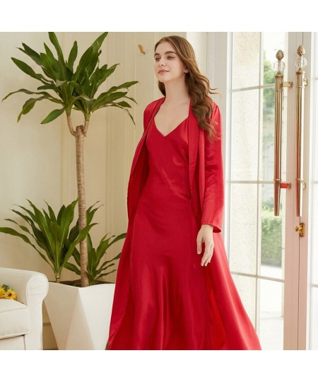 Women Full Sleeve Robes + Backless Nightdress Two Pieces Robe Gown Sets Faux Silk Female V Neck Sleepwear Sets $44.38 - Sleep...