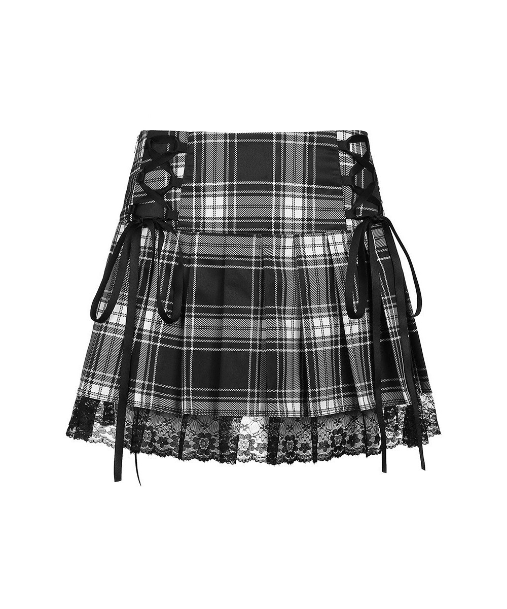 Sexy Lace-up Lace Plaid Pleated Skirt Pink Stripe Plaid Punk Dark Academia Aesthetic Girl Skirts High Waist Zipper Punk Gothi...