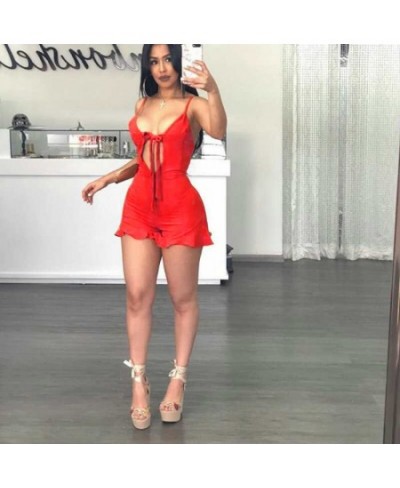 Women Deep V-Neck Spaghetti Strap Short Jumpsuits 2023 Summer New Clubwear Soild Sexy Lace Up Ruffles Orange Rompers Women $2...