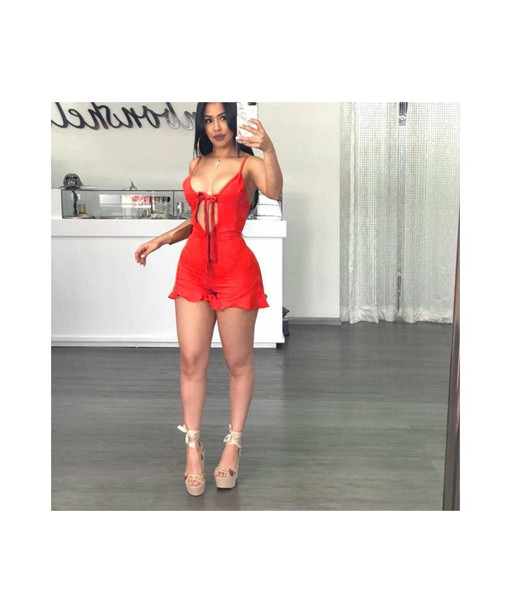 Women Deep V-Neck Spaghetti Strap Short Jumpsuits 2023 Summer New Clubwear Soild Sexy Lace Up Ruffles Orange Rompers Women $2...