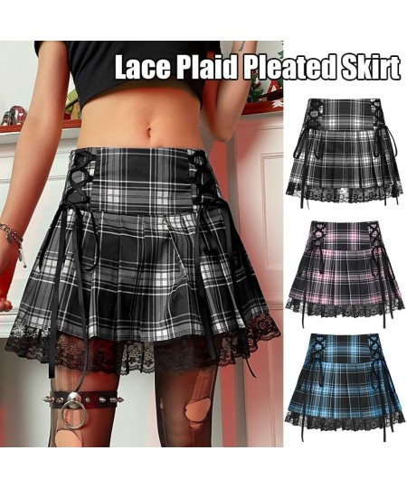 Sexy Lace-up Lace Plaid Pleated Skirt Pink Stripe Plaid Punk Dark Academia Aesthetic Girl Skirts High Waist Zipper Punk Gothi...