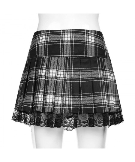 Sexy Lace-up Lace Plaid Pleated Skirt Pink Stripe Plaid Punk Dark Academia Aesthetic Girl Skirts High Waist Zipper Punk Gothi...