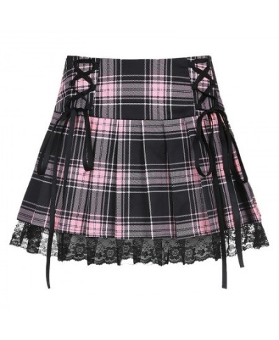 Sexy Lace-up Lace Plaid Pleated Skirt Pink Stripe Plaid Punk Dark Academia Aesthetic Girl Skirts High Waist Zipper Punk Gothi...