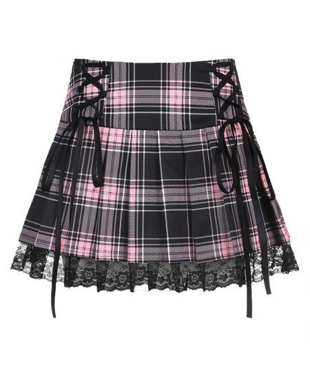 Sexy Lace-up Lace Plaid Pleated Skirt Pink Stripe Plaid Punk Dark Academia Aesthetic Girl Skirts High Waist Zipper Punk Gothi...