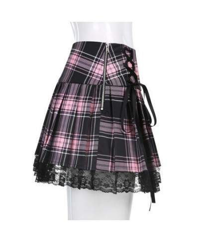 Sexy Lace-up Lace Plaid Pleated Skirt Pink Stripe Plaid Punk Dark Academia Aesthetic Girl Skirts High Waist Zipper Punk Gothi...