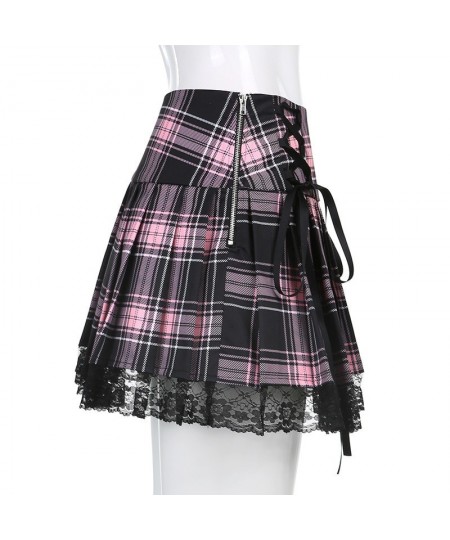 Sexy Lace-up Lace Plaid Pleated Skirt Pink Stripe Plaid Punk Dark Academia Aesthetic Girl Skirts High Waist Zipper Punk Gothi...