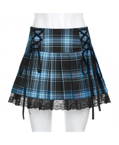 Sexy Lace-up Lace Plaid Pleated Skirt Pink Stripe Plaid Punk Dark Academia Aesthetic Girl Skirts High Waist Zipper Punk Gothi...