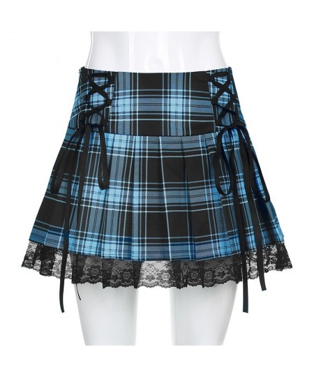 Sexy Lace-up Lace Plaid Pleated Skirt Pink Stripe Plaid Punk Dark Academia Aesthetic Girl Skirts High Waist Zipper Punk Gothi...