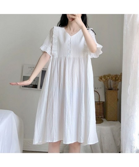 Nightgowns Women Loose Sweet Simple Buttons Female Daily Lovely Homewear Puff Sleeve Mid-calf Comfortable Princess Summer Nig...