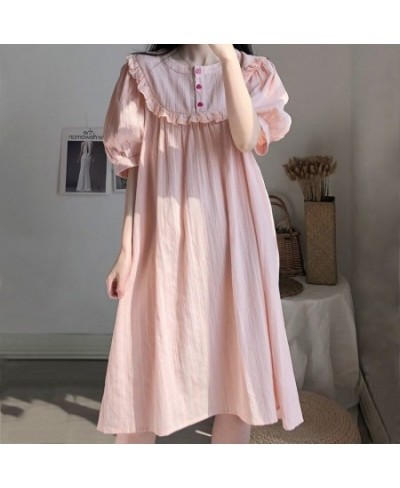 Nightgowns Women Loose Sweet Simple Buttons Female Daily Lovely Homewear Puff Sleeve Mid-calf Comfortable Princess Summer Nig...