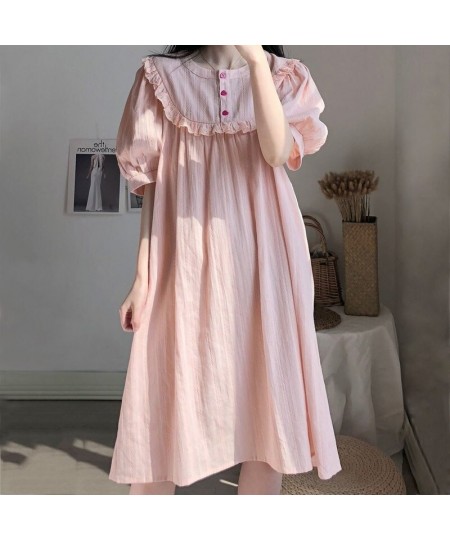 Nightgowns Women Loose Sweet Simple Buttons Female Daily Lovely Homewear Puff Sleeve Mid-calf Comfortable Princess Summer Nig...